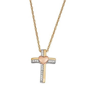 Jewelexcess Two Tone Sterling Silver 1/10 Carat T.W. Diamond Heart Cross Pendant Necklace