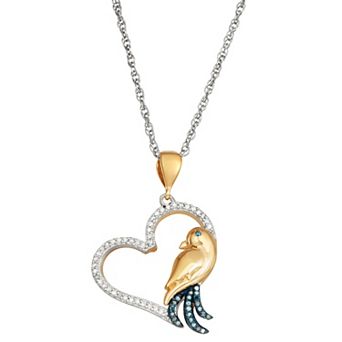 Jewelexcess 14k Gold Over Sterling Silver 1/6 Carat T.W. Blue & White Diamond Bird & Heart Pendant Necklace