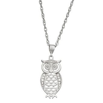 Jewelexcess Sterling Silver Diamond Accent Owl Pendant Necklace