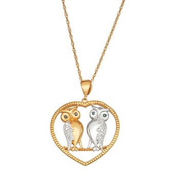 Jewelexcess Two Tone Sterling Silver 1/6 Carat T.W. Diamond Owl Heart Pendant Necklace