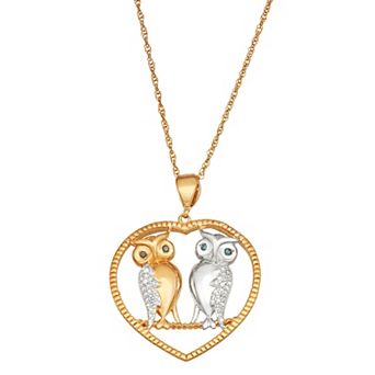 Jewelexcess Two Tone Sterling Silver 1/6 Carat T.W. Diamond Owl Heart Pendant Necklace
