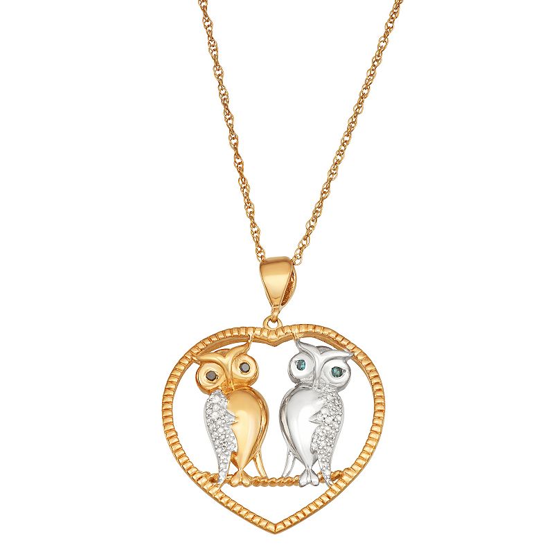 Jewelexcess Two Tone Sterling Silver 1/6 Carat T.W. Diamond Owl Heart Pend