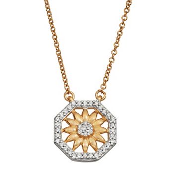 Jewelexcess Two Tone Sterling Silver 1/6 Carat T.W. Diamond Sunflower Pendant Necklace