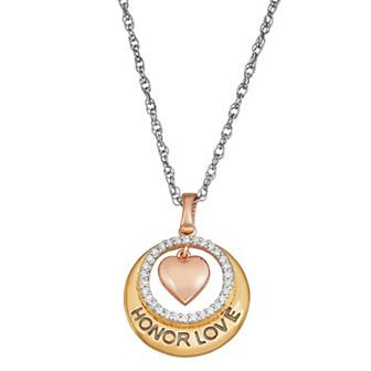 Jewelexcess Three Tone Sterling Silver 1/6 Carat T.W. Diamond "Honor Love" Heart Pendant Necklace