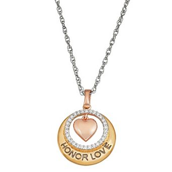 Jewelexcess Three Tone Sterling Silver 1/6 Carat T.W. Diamond "Honor Love" Heart Pendant Necklace