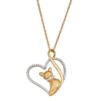 Jewelexcess Two Tone Sterling Silver 1/6 Carat T.W. Diamond Cat Heart Pendant Necklace