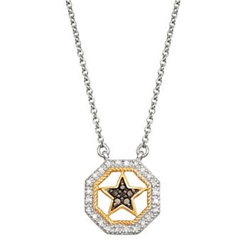 Jewelexcess Two Tone Sterling Silver 1/10 Carat T.W. Black & White Diamond Star Pendant Necklace