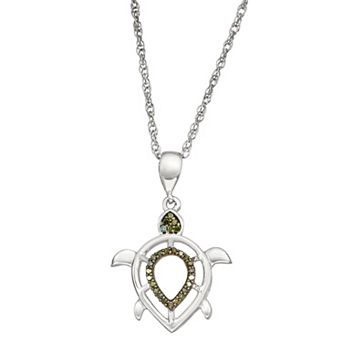 Jewelexcess Sterling Silver 1/10 Carat T.W. Green Diamond Turtle Pendant Necklace