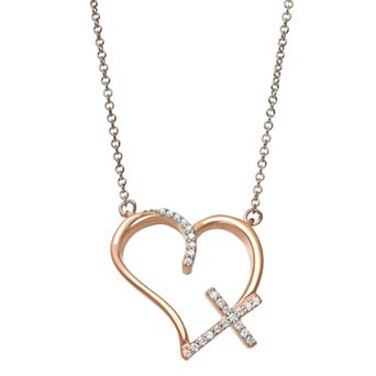 Jewelexcess Two Tone Sterling Silver 1/10 Carat T.W. Diamond Heart Cross Pendant Necklace