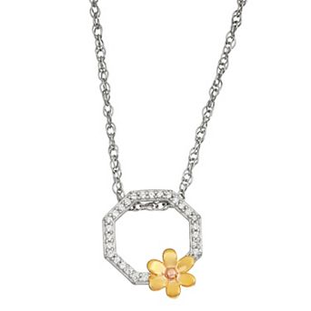 Jewelexcess Sterling Silver Two Tone 1/10 Carat T.W. Diamond Flower Pendant Necklace