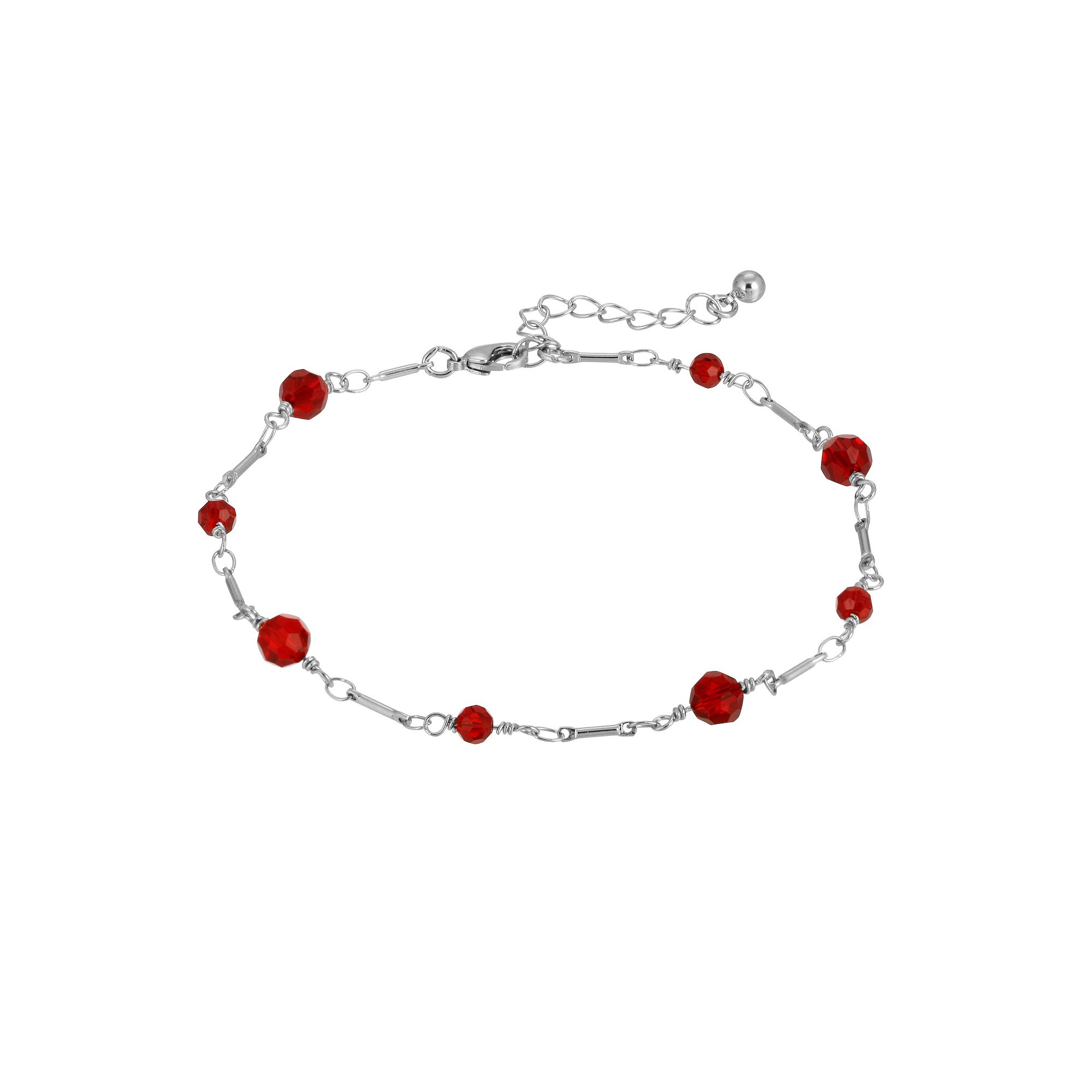 1928 Bead & Bar Chain Anklet, Womens, Silver Tone Red