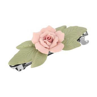 1928 Silver Tone Porcelain Rose & Green Leaf French Hair Barrette
