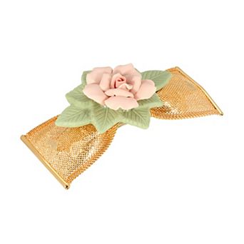 1928 Gold Tone Large Pink & Green Porcelain Flower Mesh Bow Hair Barrette