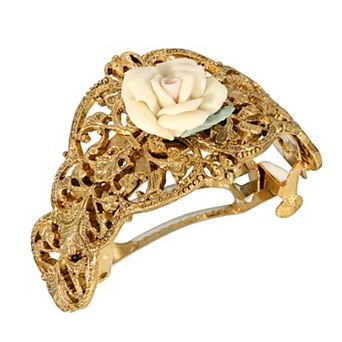 1928 Gold Tone Ivory Porcelain Rose Hair Clip