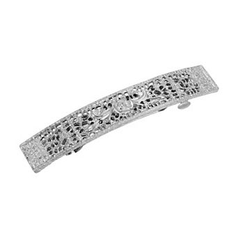 1928 Silver Tone Filigree Floral Bar Barrette