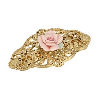 1928 Gold Tone Filigree Porcelain Rose Hair Barrette