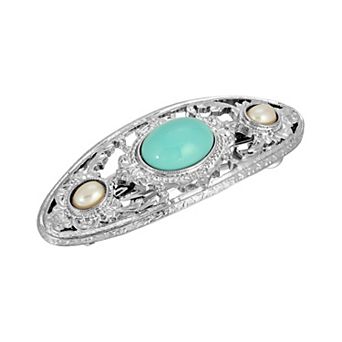 1928 Silver Tone Simulated Turquoise & Simulated Pearl Stone Barrette