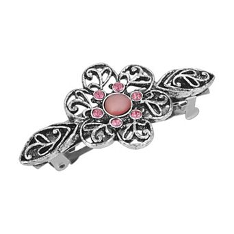 1928 Silver Tone Rose Simulated Crystal Flower Bar Barrette