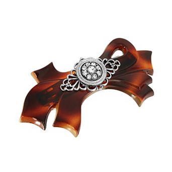 1928 Brown Tortoise Silver Tone Filigree & Simulated Crystal Accent Bow Barrette
