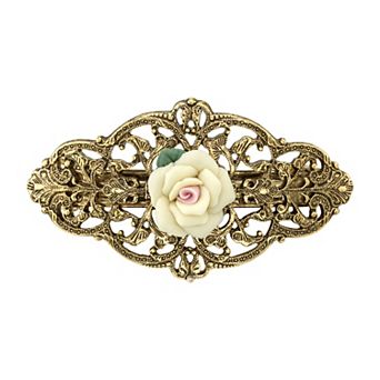 1928 Gold Tone Porcelain Rose Barrette