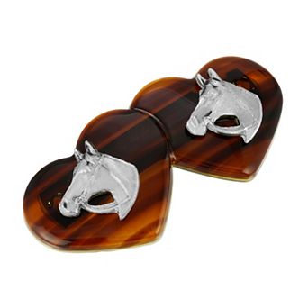 1928 Silver Tone Brown Tortoise Heart Horse Heads Barrette