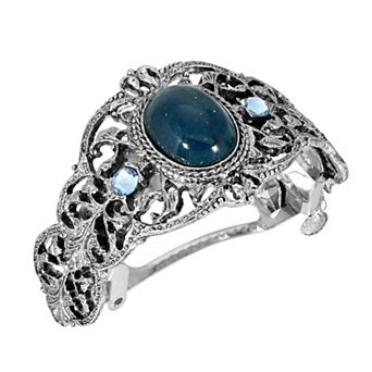 1928 Silver Tone Oval Simulated Sapphire Crystal Barrette