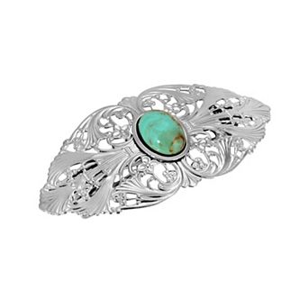 1928 Silver Tone Filigree Simulated Turquoise Accent Hair Barrette