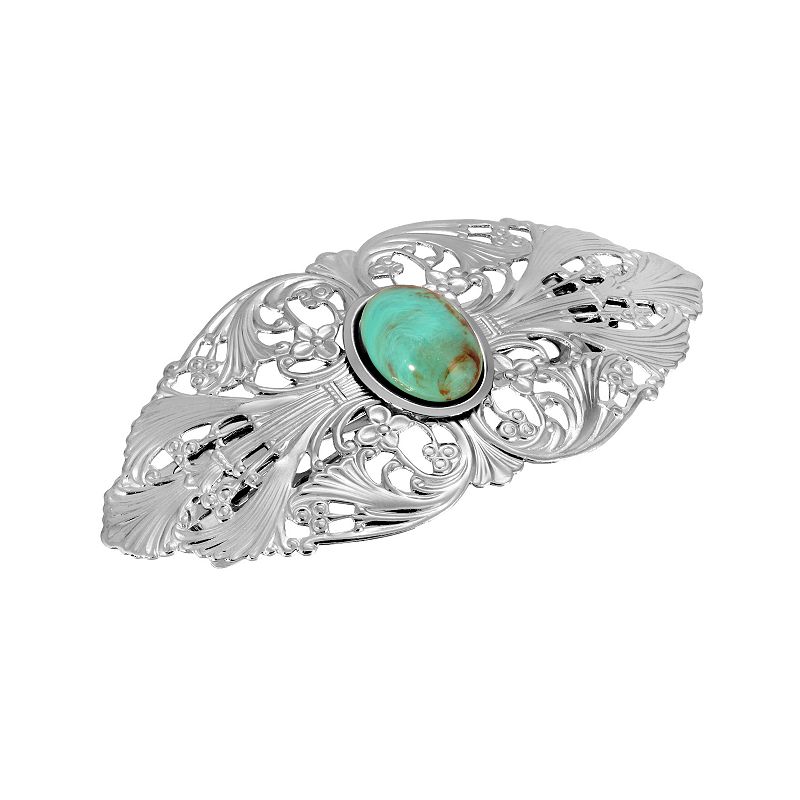 1928 Silver Tone Filigree Simulated Turquoise Accent Hair Barrette, Blue