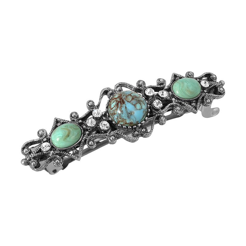 1928 Silver Tone Simulated Turquoise Accent Stones Barrette, Blue