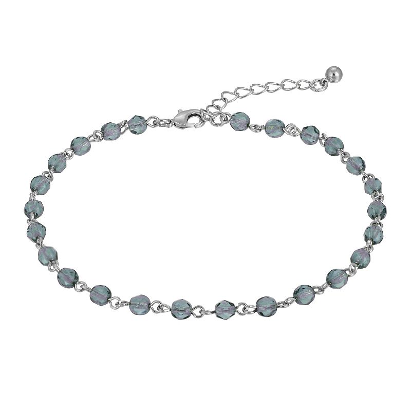 1928 Silver Tone Blue Beaded Chain Anklet, Womens
