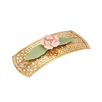 1928 Gold Tone Pink Porcelain Flower Lattice Hair Barrette