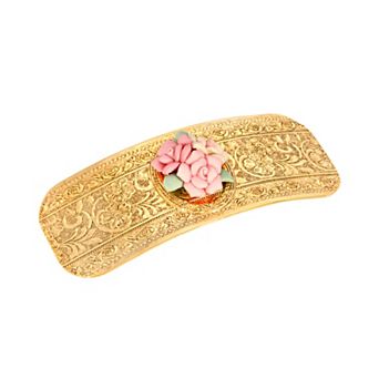 1928 Gold Tone Pink Porcelain Flower Hair Barrette