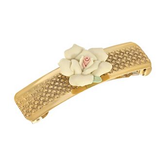 1928 Gold Tone Small Pink Porcelain Flower Hair Barrette