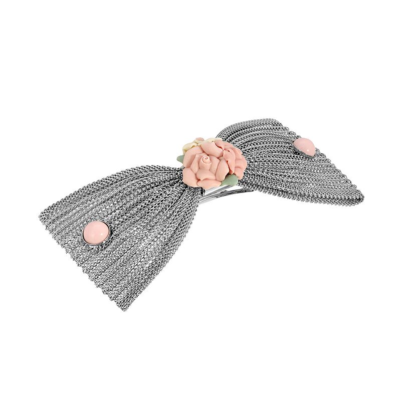 1928 Silver Tone Pink Porcelain Flower Mesh Bow Hair Barrette