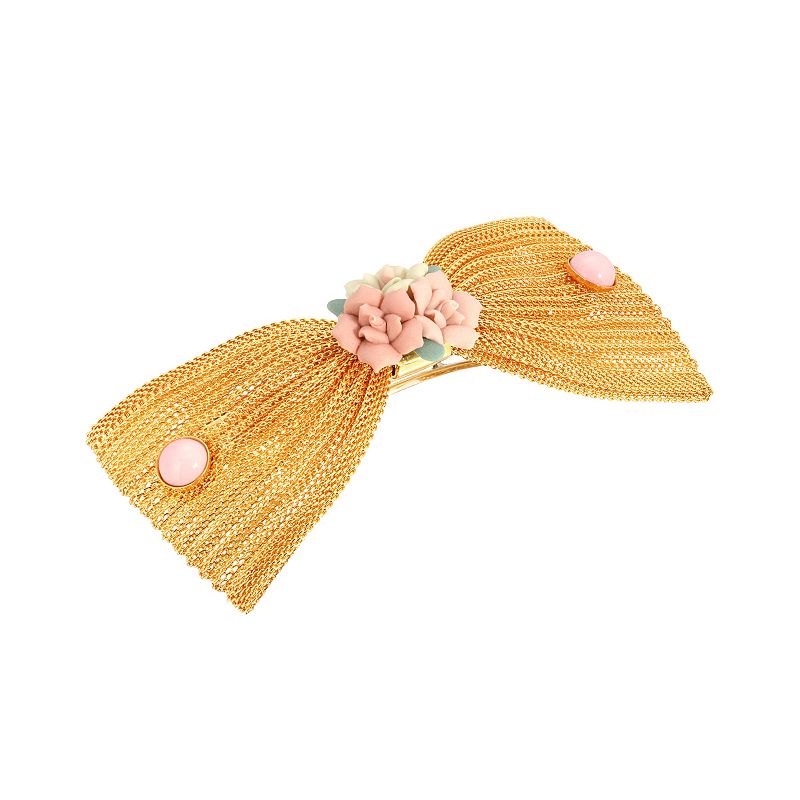 1928 Gold Tone Pink Porcelain Flower Mesh Bow Hair Barrette