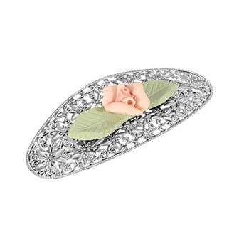 1928 Silver Tone Pink Porcelain Flower & Green Leaf Hair Barrette