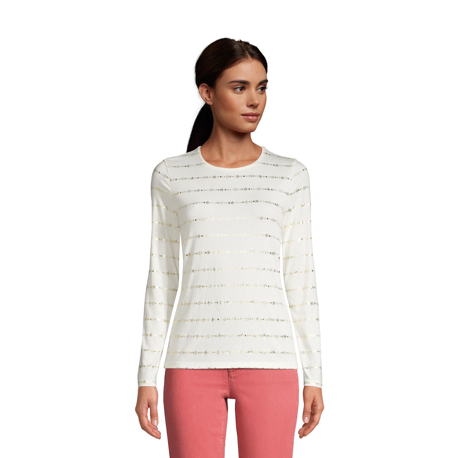 Womens Lands' End Holiday Crewneck Long-Sleeve Graphic Tee