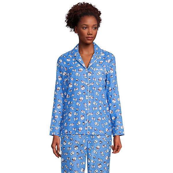Lands' End Women's Tall Long Sleeve Print Flannel Pajama Top - Small Tall - Chicory Blue Snowman