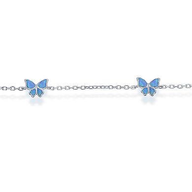 Sterling Silver & Lab-Created Opal Butterfly Pendants Anklet