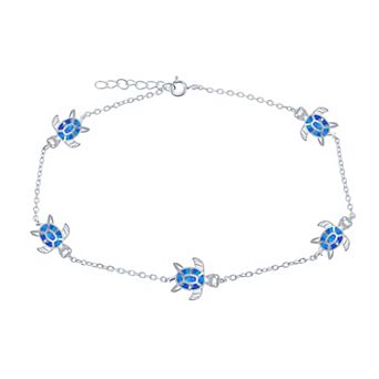 Nautica Rocks Sterling Silver Lab-Created Opal Sea Turtle Anklet