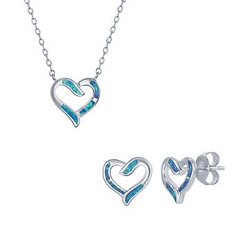 Nautica Rocks Sterling Silver Lab-Created Opal Open Heart Pendant Necklace & Earrings Set