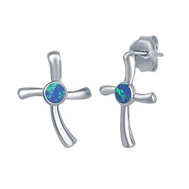 Sterling Silver Lab-Created Opal Cross Pendant Necklace & Earrings Set