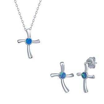 Nautica Rocks Sterling Silver Lab-Created Opal Cross Pendant Necklace & Earrings Set