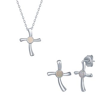 Nautica Rocks Sterling Silver Lab-Created Opal Cross Pendant Necklace & Earrings Set