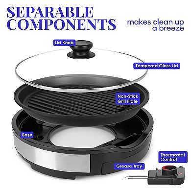 Elite Cuisine 12-inch Deluxe BBQ Grill with Tempered Glass Lid