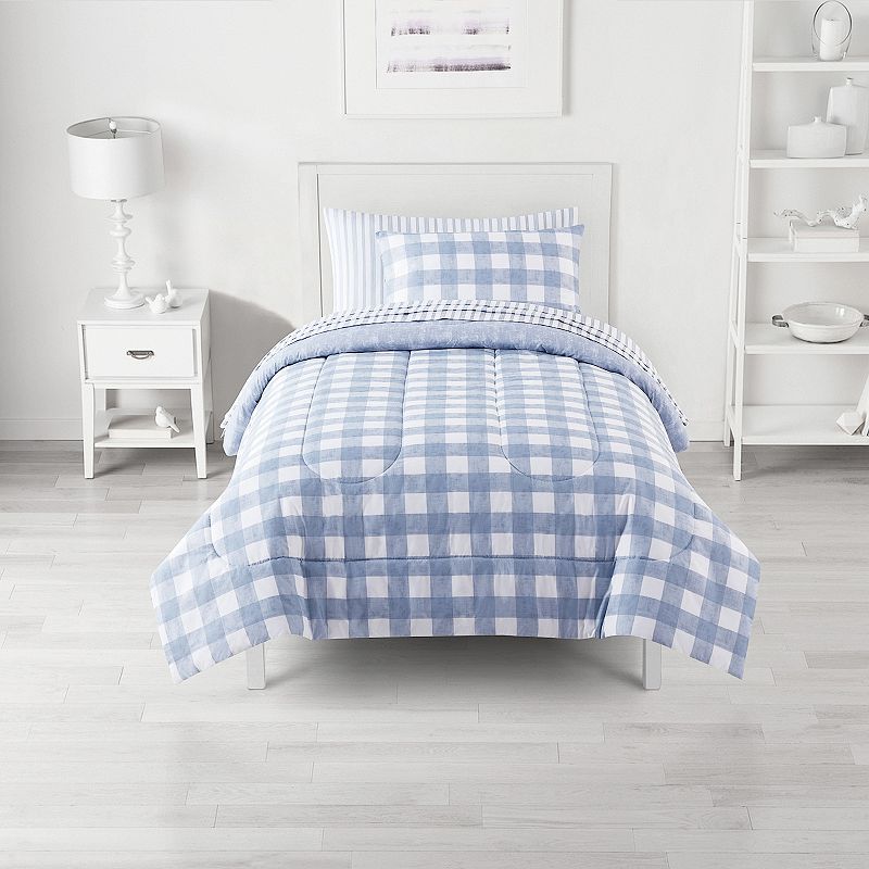 The Big One Sawyer Gingham Reversible Comforter Set with Sheets, Blue, King