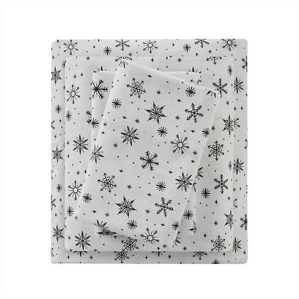 Beautyrest Queen Oversized 4pc Cotton Flannel Sheet Set Black Snowflakes