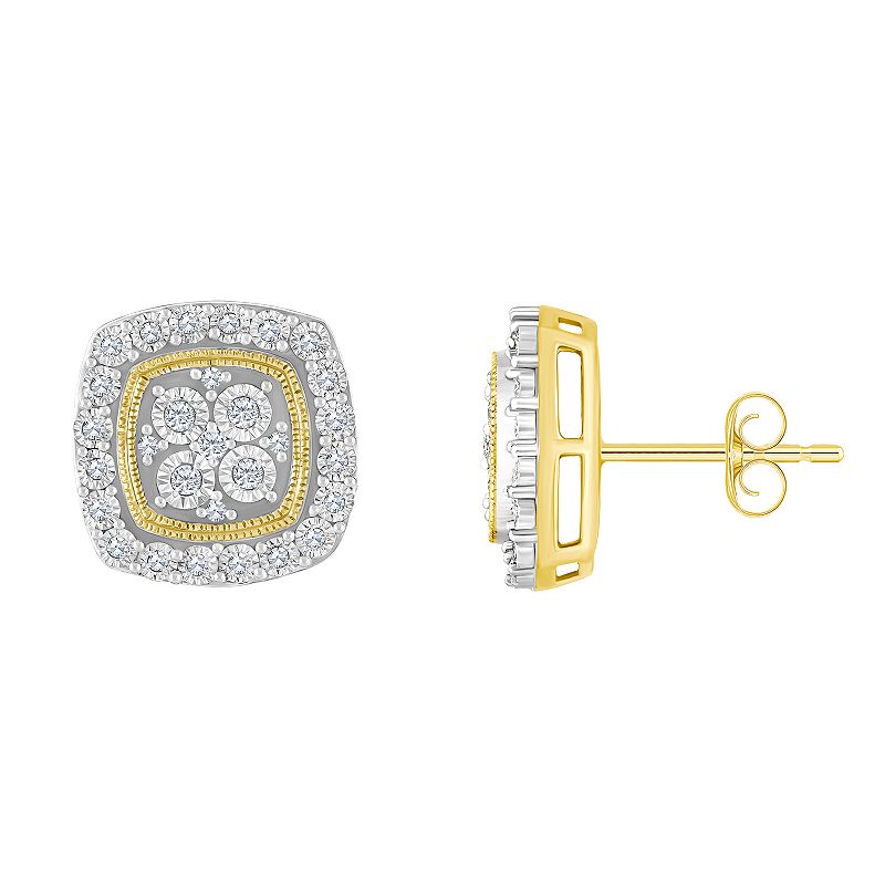14k Gold 1/5 Carat T.W. Diamond Cushion Cluster Earrings, Womens, White