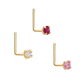 Lila Moon 14k Gold 2 mm Pink Cubic Zirconia L-Shape Nose Stud Set