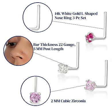 Lila Moon 14k Gold 2 mm Pink Cubic Zirconia L-Shape Nose Stud Set